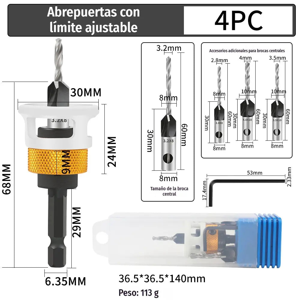 【Tope de profundidad + 4 brocas】🔩 Juego de brocas avellanadoras ajustables | Herramienta profesional para el acabado de tornillos en carpintería