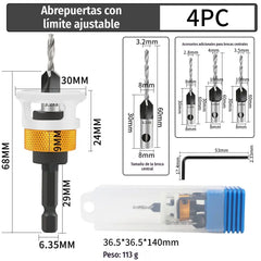 【Tope de profundidad + 4 brocas】🔩 Juego de brocas avellanadoras ajustables | Herramienta profesional para el acabado de tornillos en carpintería