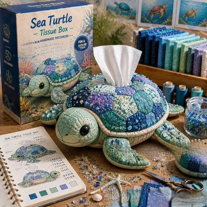 🧵✨ Kit DIY para caja de pañuelos de patchwork – set de costura artesanal con temática marina 🌊🐚