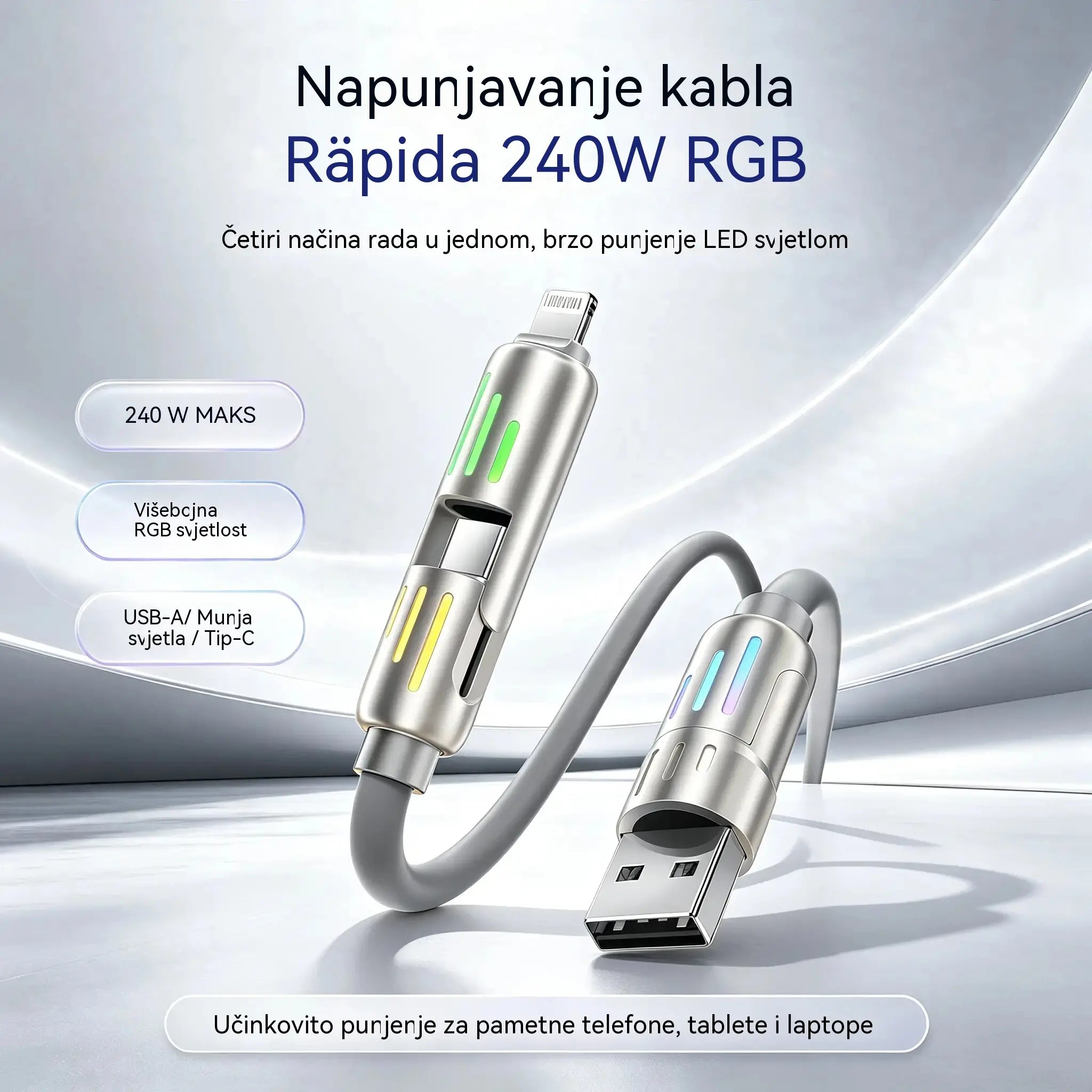 🔥 (duljine 2 metra) 4-u-1 PD 240W kabel – USB-C, Lightning i USB-A brzo punjenje, aluminij i silikon, sinkronizacija podataka ⚡📱