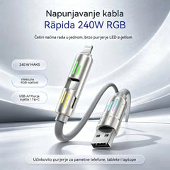 🔥 (duljine 2 metra) 4-u-1 PD 240W kabel – USB-C, Lightning i USB-A brzo punjenje, aluminij i silikon, sinkronizacija podataka ⚡📱