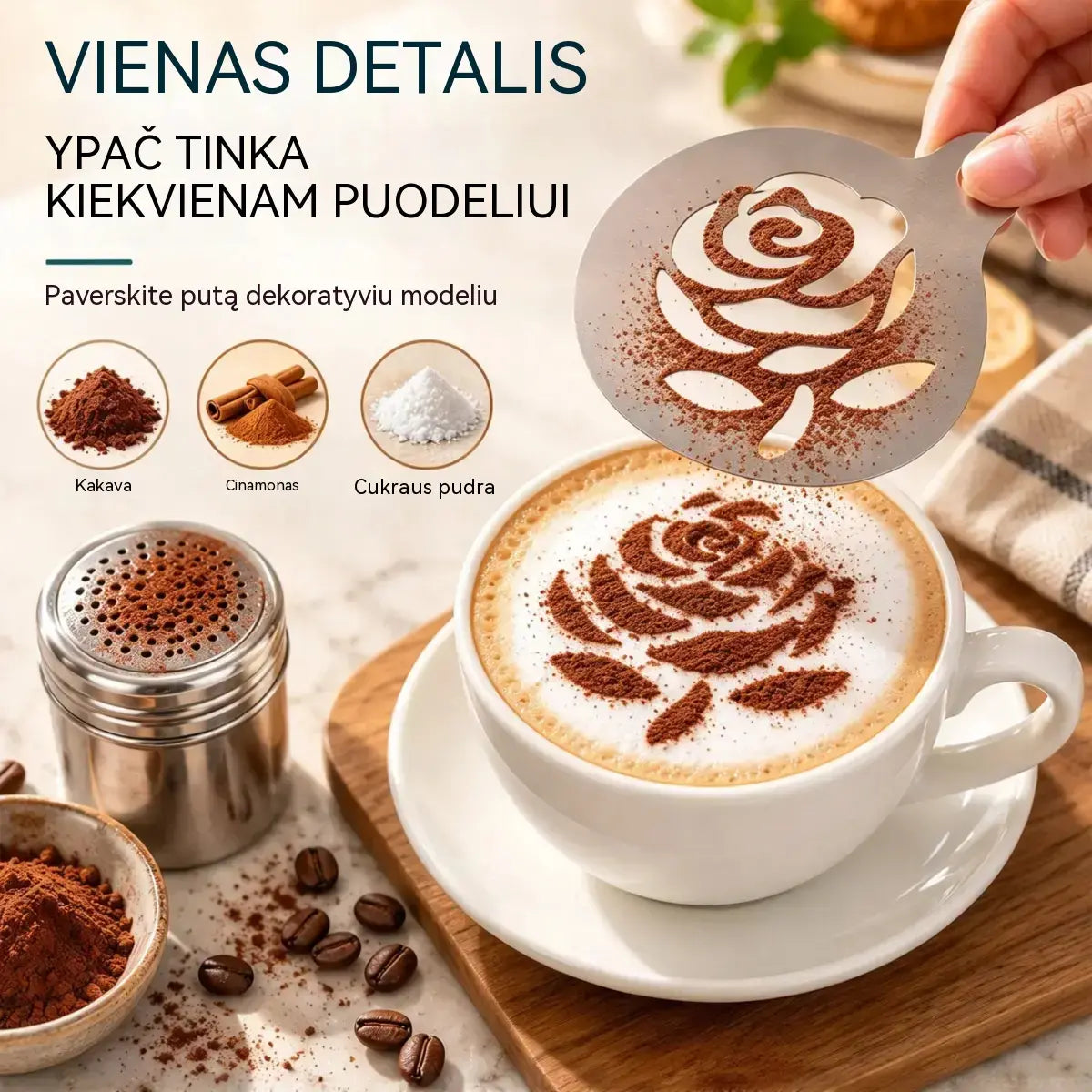 ☕ Nerūdijančiojo plieno trafaretas „latte art“ piešiniams