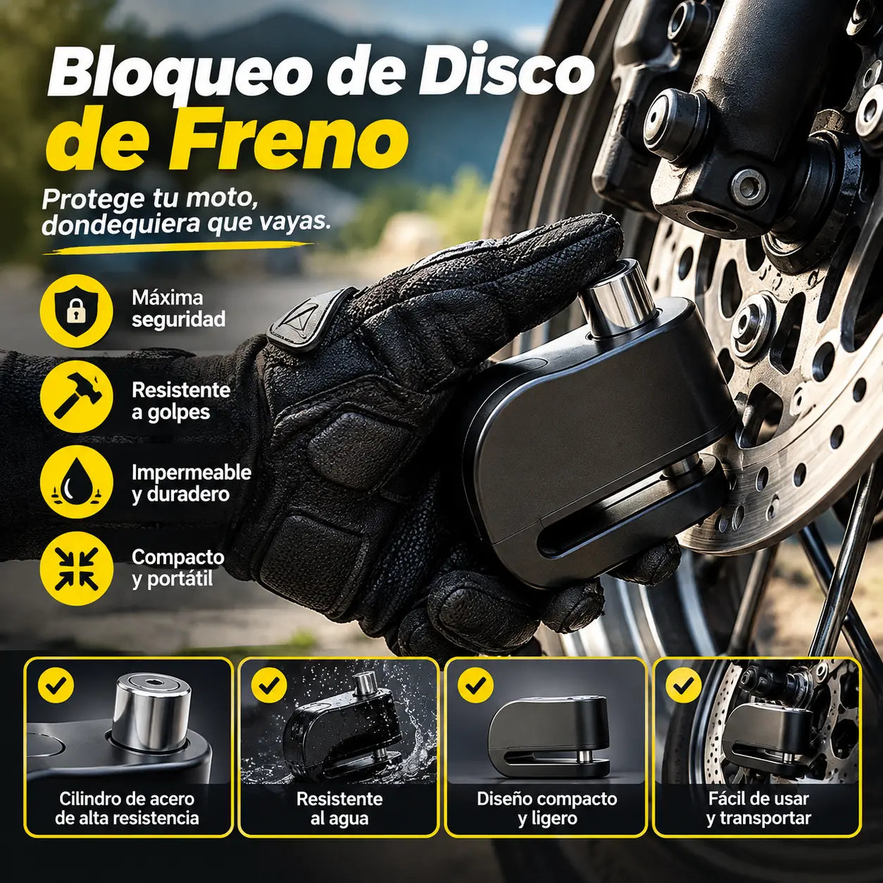 🏍️🔒 Candado de disco para motocicleta resistente al agua y de alta resistencia