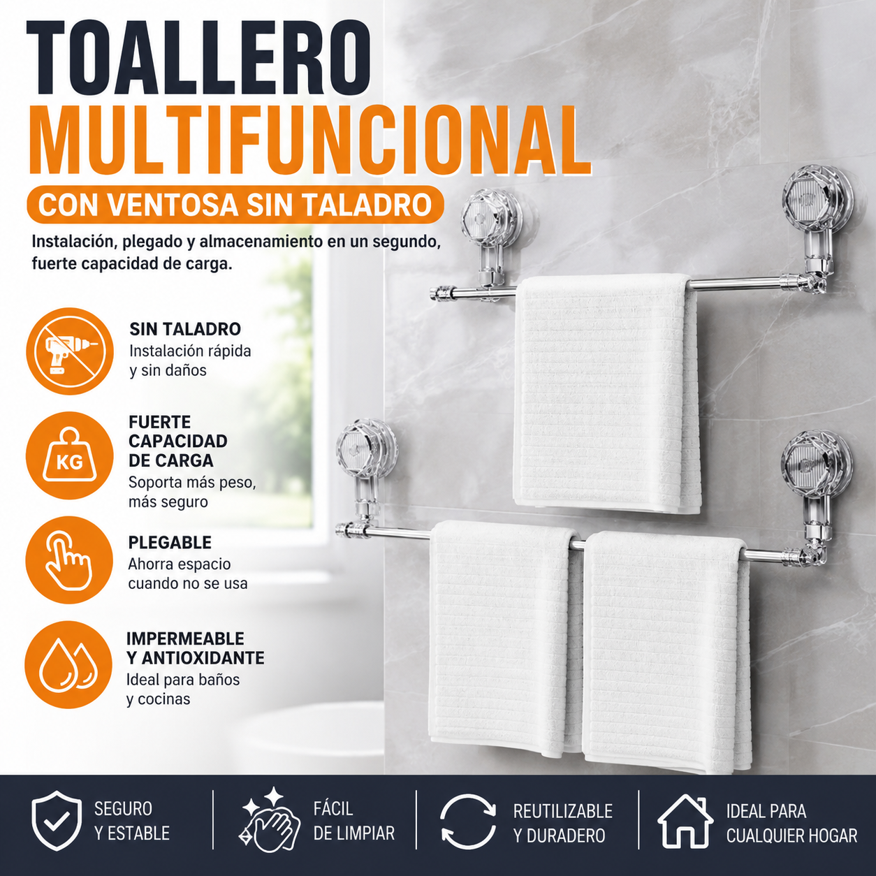 🚿✨ Barra de toalla con ventosa ajustable: no requiere perforar, no daña y tiene un agarre cómodo.