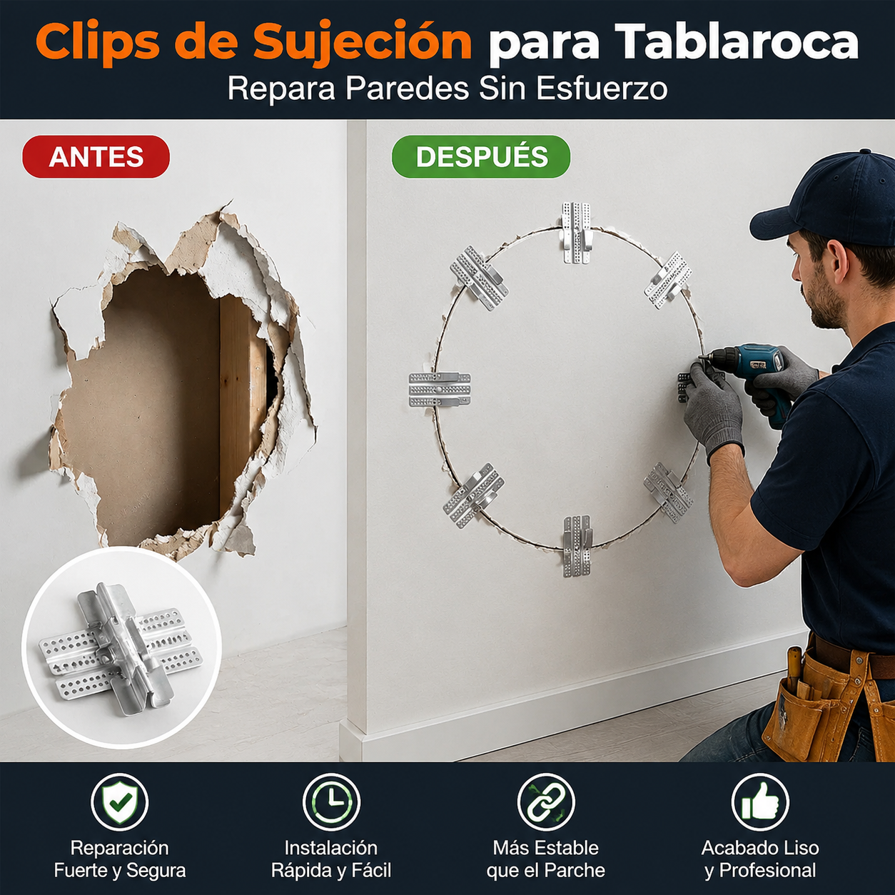 🏠【Un juego de 10 piezas cuesta 27 euros.】Clips de fijación para paneles de yeso, aptos para paneles de 1/2" y 5/8", para reparar paredes de paneles de yeso dañadas.