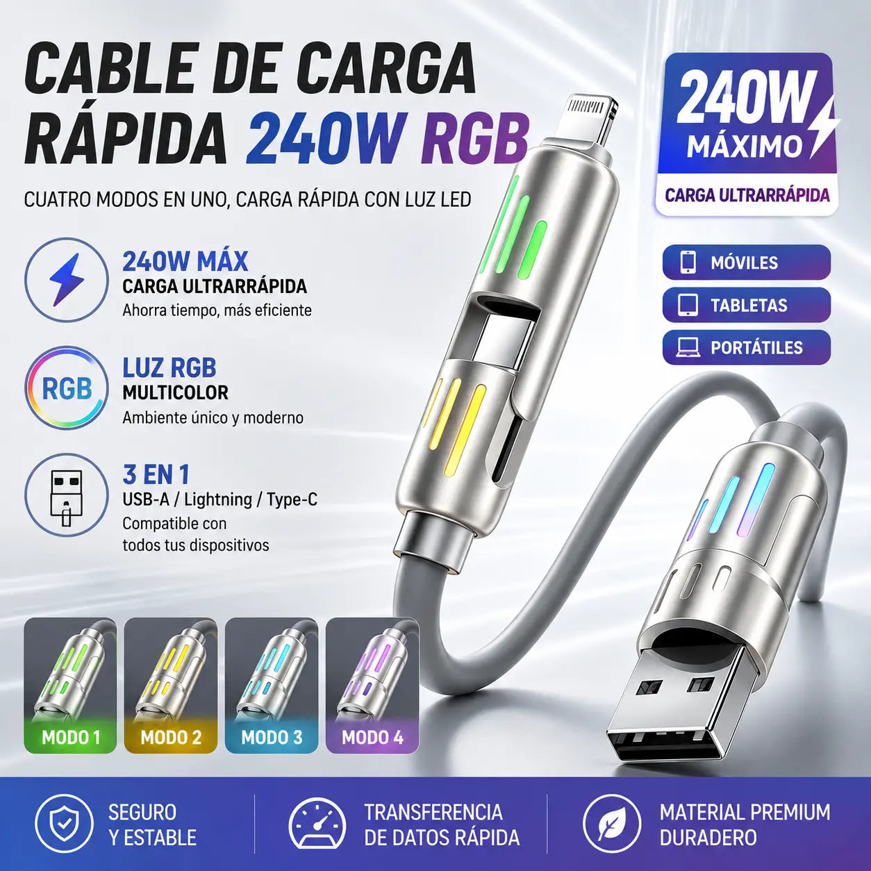 🔥 (2 metros de largo) Cable 4 en 1 PD 240 W – Carga rápida USB‑C, Lightning y USB‑A, aluminio y silicona, sincronización de datos ⚡📱
