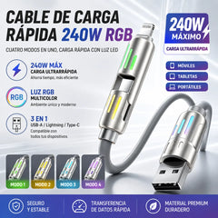 🔥 (2 metros de largo) Cable 4 en 1 PD 240 W – Carga rápida USB‑C, Lightning y USB‑A, aluminio y silicona, sincronización de datos ⚡📱