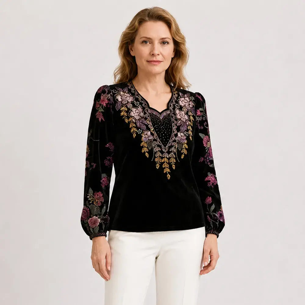 🔥 【XL-6XL】✨ Blusa de terciopelo con flores bordadas y strass – Manga larga, cuello V, diseño de lujo para ocasiones especiales 🌹