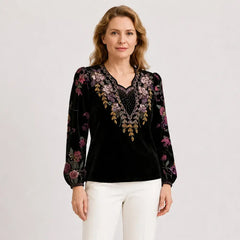 🔥 【XL-6XL】✨ Blusa de terciopelo con flores bordadas y strass – Manga larga, cuello V, diseño de lujo para ocasiones especiales 🌹