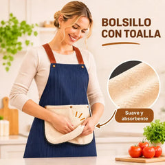🍳【Compra uno, llévate otro gratis】💧 Delantal Impermeable con Toalla de Manos Desmontable, Correas Cruzadas de Cuero, Resistente al Aceite y Agua, Diseño a Rayas para Cocina y Hogar ✨