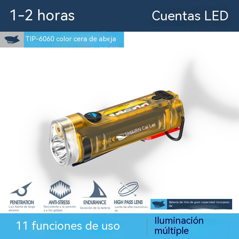 ✨☀️Una linterna compacta de alta intensidad con luz lateral multifuncional. Se carga rápidamente mediante USB-C, es portátil y tiene una batería de larga duración.