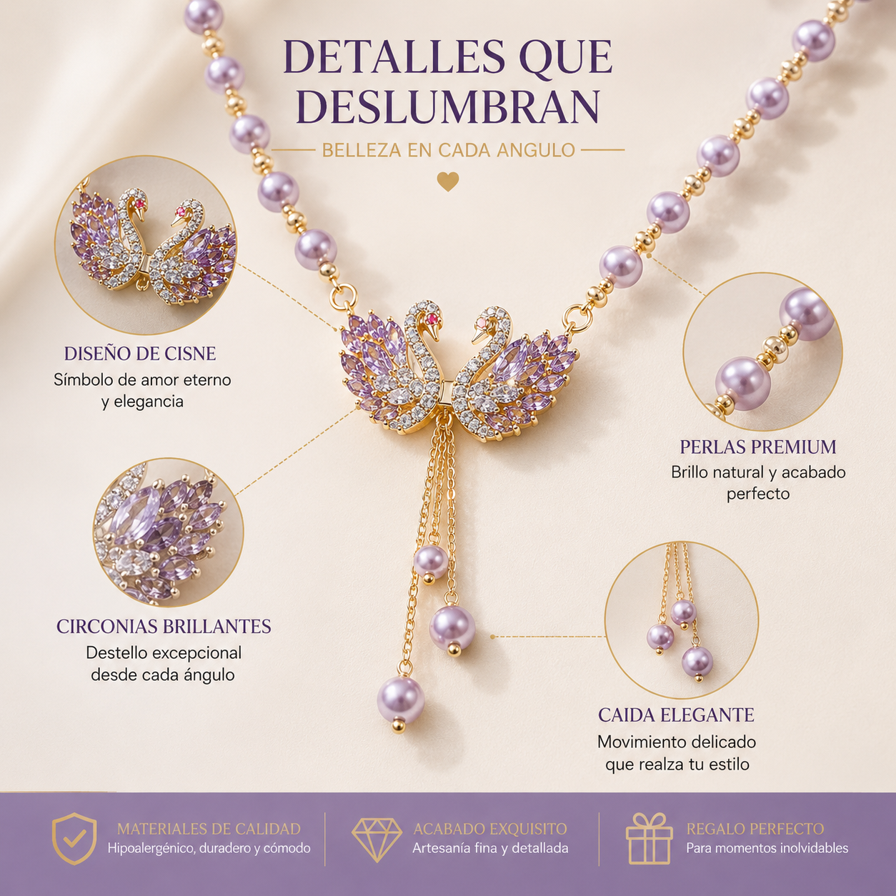 🦢💜Collar con colgante de cisne incrustado de diamantes y perla morada