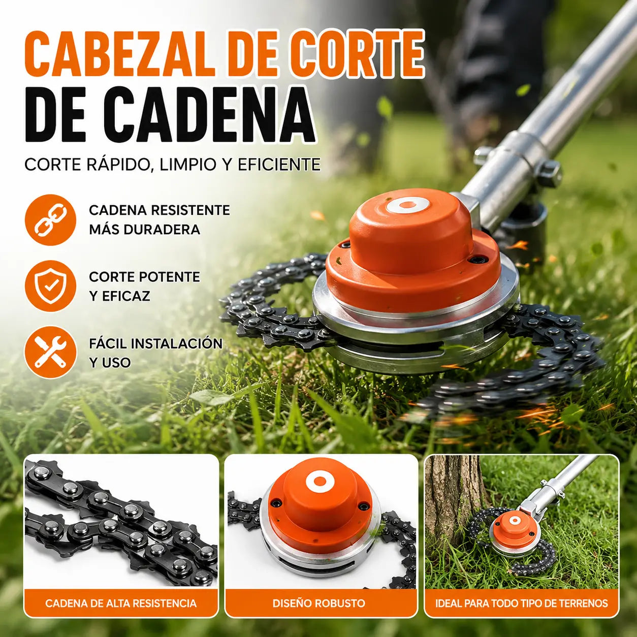 🔥Cabezal de corte de cadena/cortacésped universal（Contiene cuerpo principal + cadena + accesorios de instalación）
