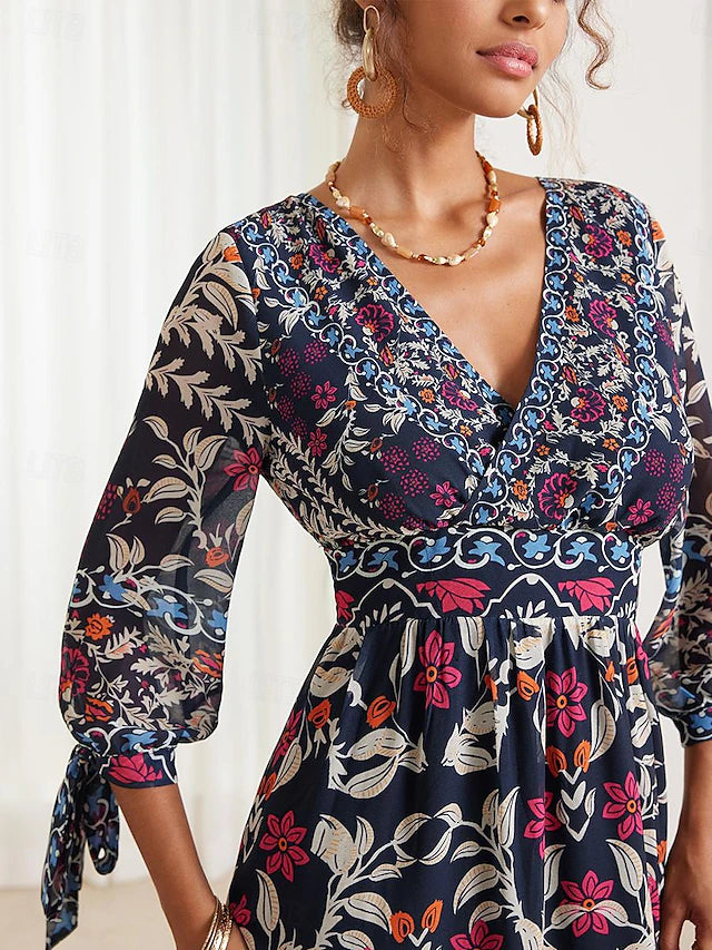 💟【S-5XL】👗Vestido largo con cuello en V y volantes florales para mujer, novedad de verano 2024, estilo bohemio para vacaciones