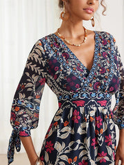 💟【S-5XL】👗Vestido largo con cuello en V y volantes florales para mujer, novedad de verano 2024, estilo bohemio para vacaciones