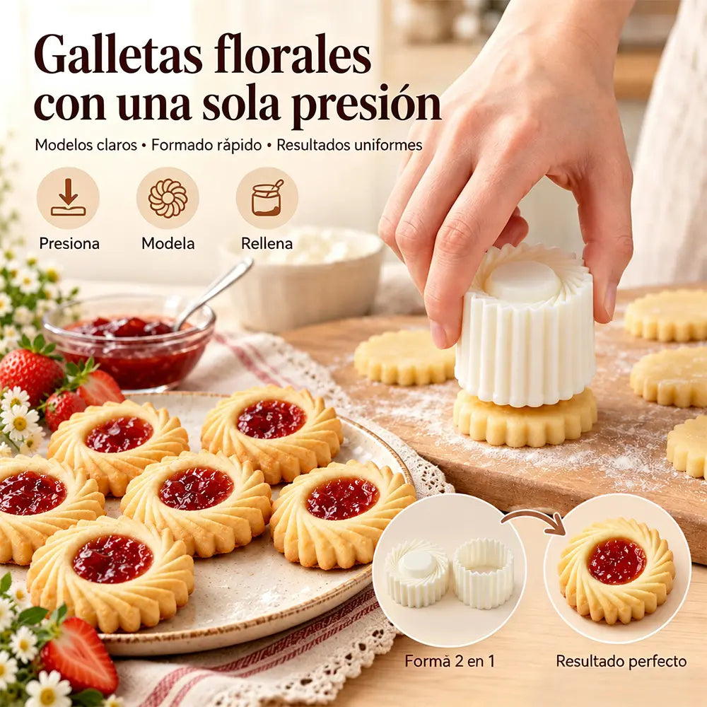 🍪【Conjunto de 2 piezas】🧁 Molde de Repostería Antiadherente con Diseño Floral 3D – Prensa para Galletas, Cookies, Mermelada y Tartas de Piña 🌸