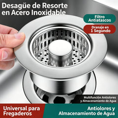 【Pack de 2】💪🛡️ Upgraded 3 en 1 Filtro de desagüe para fregadero de cocina – fabricado en acero inoxidable 304, resistente a la oxidación y duradero, tapón universal 🧽