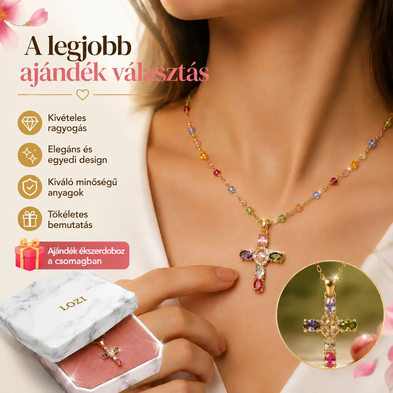 👍🥰 Korlátozott ideig 50% kedvezmény! Színes cirkónia kövekkel kirakott kereszt nyaklánc, gyönyörű ékszerdobozzal.