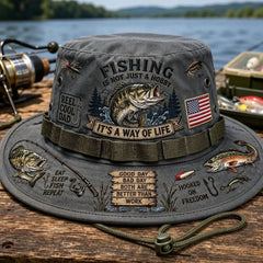 🎣Sombrero de pescador retro, decorado con un estampado de lubina y elementos de exterior, transpirable y con protección solar.