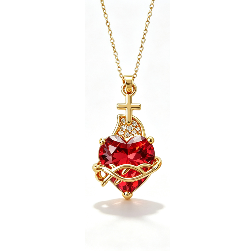❤️【Compra 1 y llévate 1 gratis】✝️ 【2 piezas】Collar del Sagrado Corazón de Jesús – Colgante de Cruz con Cristal en Forma de Corazón Bañado en Oro, Luz de Cristo, Joya Religiosa de Fe para Mujer 🎁✨