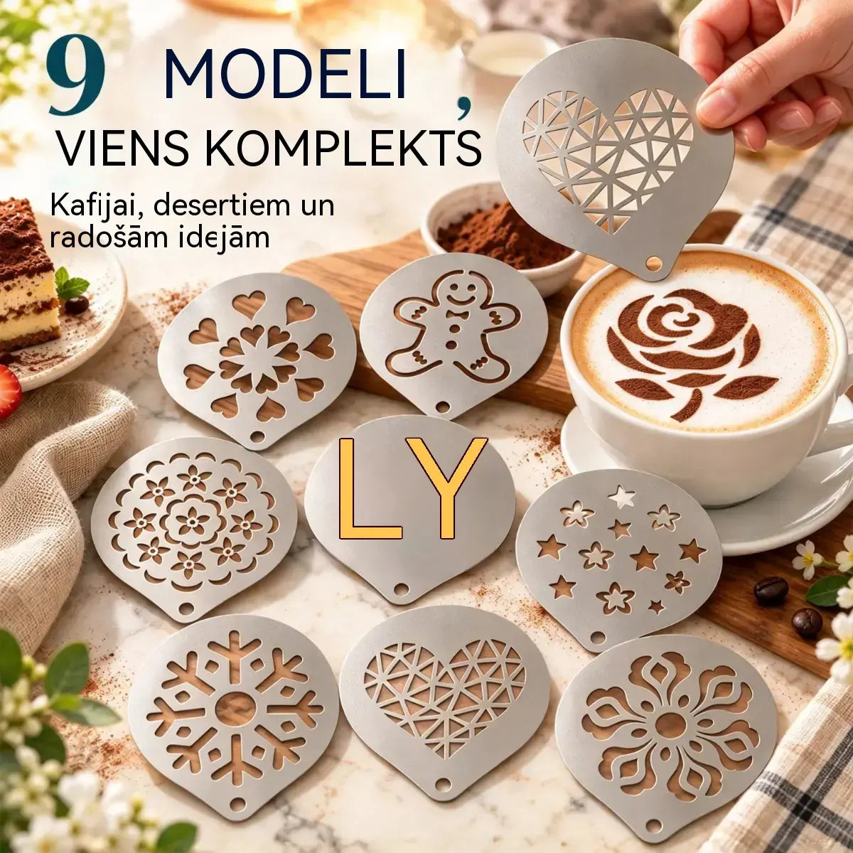 ☕ Nerūsējošā tērauda trafarets kafijas "latte art" zīmējumiem