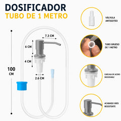 Dispensador de jabón para fregadero de cocina con tubo extensor y bomba de acero inoxidable integrada.