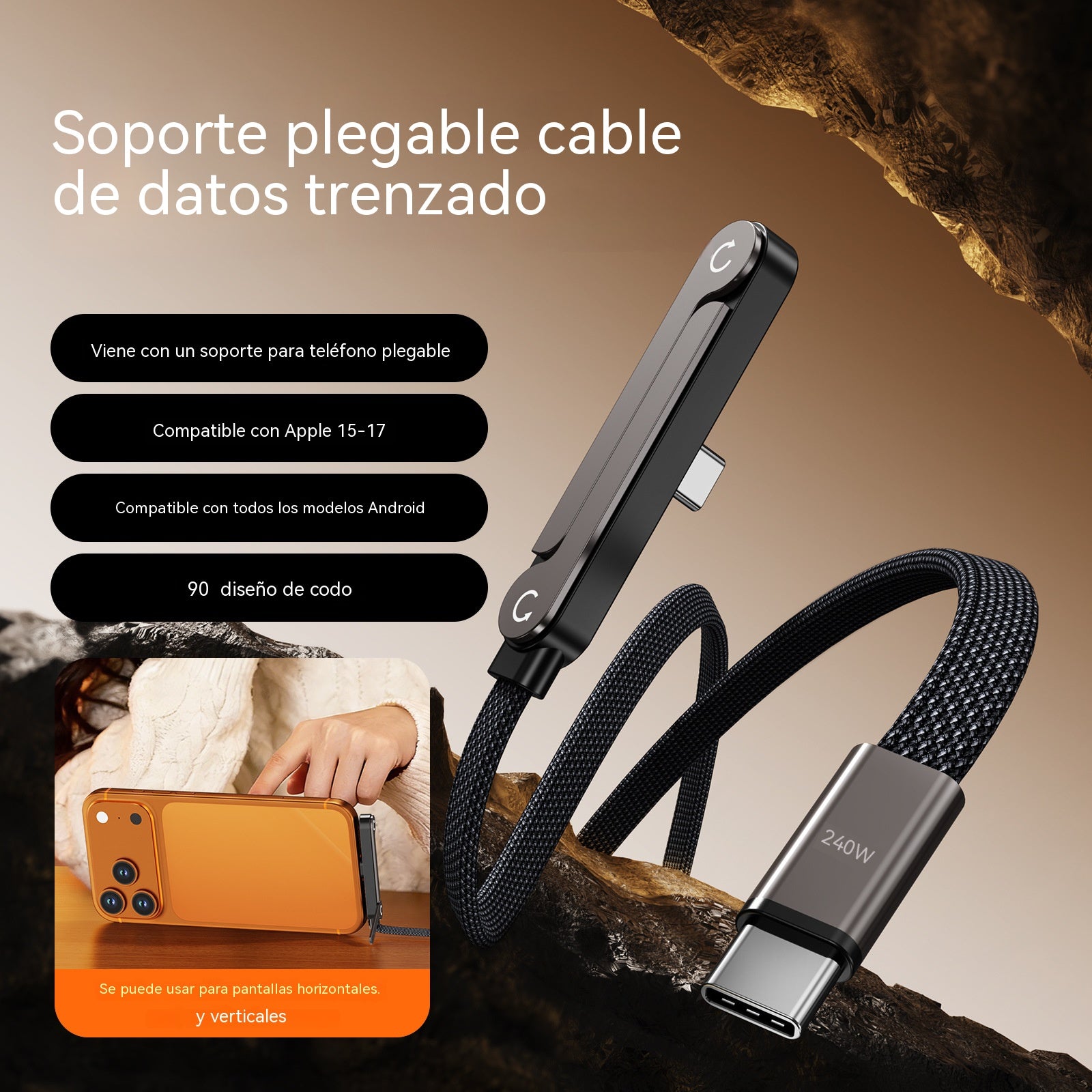 🔥⚡Cable de carga rápida 2 en 1 de 240 W y 1,5 m con soporte ajustable para teléfono🔋