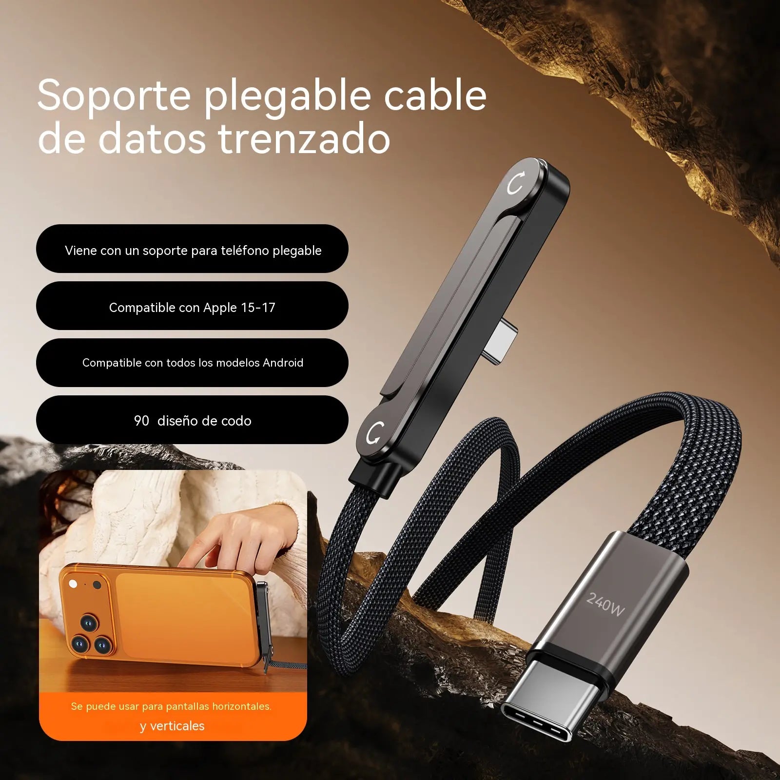 🔥【2 piezas 26 euros】⚡Cable de carga rápida 2 en 1 de 240 W y 1,5 m con soporte ajustable para teléfono🔋