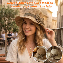 🎀🎀 50% ZĽAVA 👒 | Retro slamený klobúk s mašľou – skladací a priedušný na leto