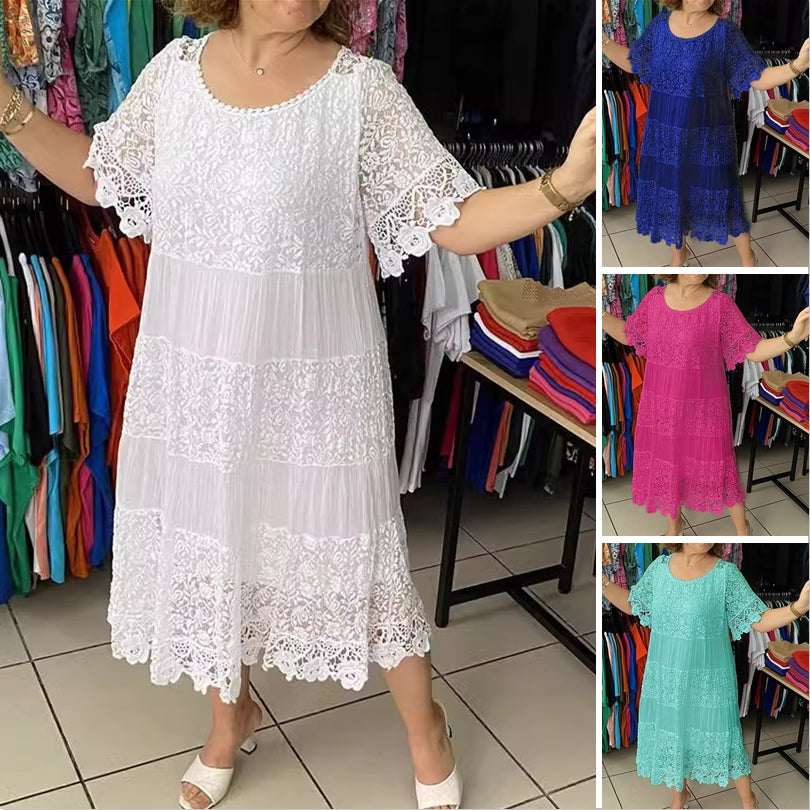 🔥[S-5XL]Nuevos vestidos de encaje de manga corta con cuello redondo