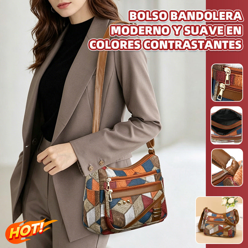 👜🔥Nuevo bolso de hombro de piel suave con bloques de color, a la moda