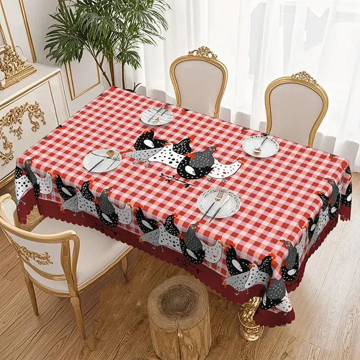 🐓 ¡50% DE DESCUENTO POR TIEMPO LIMITADO! ❤️ Mantel de gallo estilo granja: cubremesa con estampado de gallinas a cuadros rojos, resistente a derrames y con borde de encaje festoneado ✨