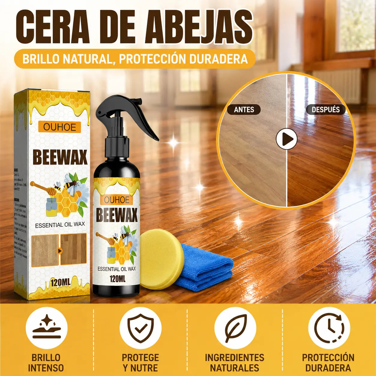 🔥【120 ml + esponja + paño】Spray de cera de abeja natural micromolecular para el cuidado de muebles, mantenimiento y pulido de suelos.