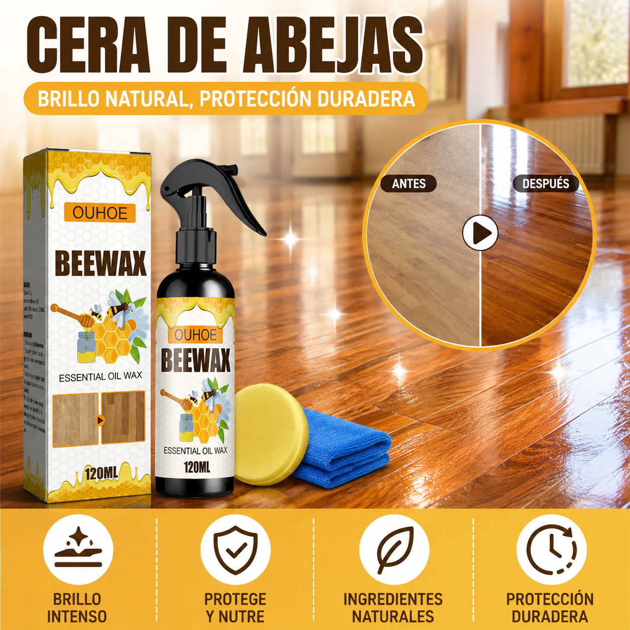 🔥【120 ml + esponja + paño】Spray de cera de abeja natural micromolecular para el cuidado de muebles, mantenimiento y pulido de suelos.