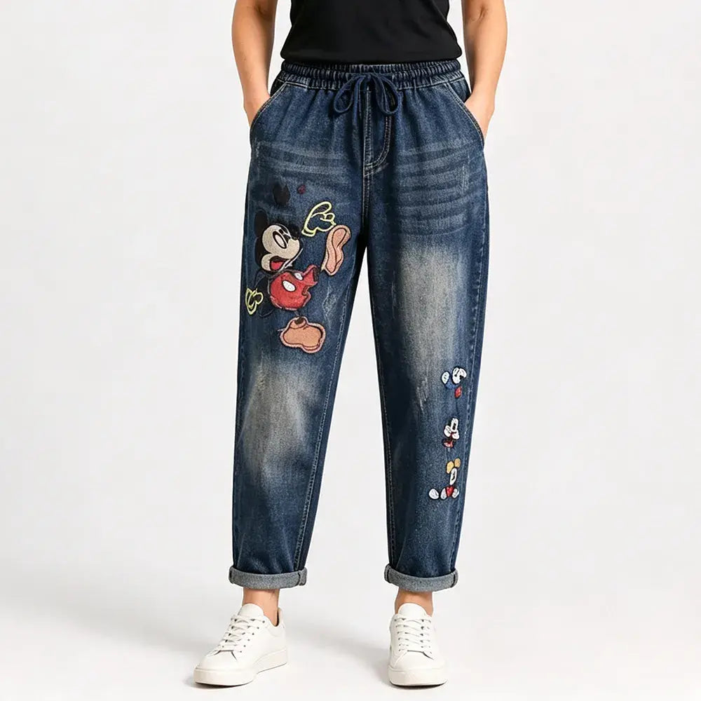 📢50% de descuento【Tallas S-5XL】👖✨🍂Vaqueros retro holgados para mujer con bordados de apliques y cintura elástica: vaqueros harem de estilo único.