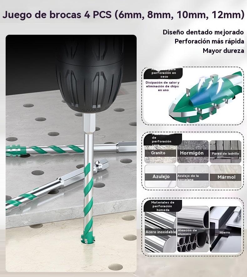 🔥【6+8+10+12mm】【10  piezas】Broca universal 4 filos: abre agujeros más rápidos, limpios y sin esfuerzo en todos los materiales.