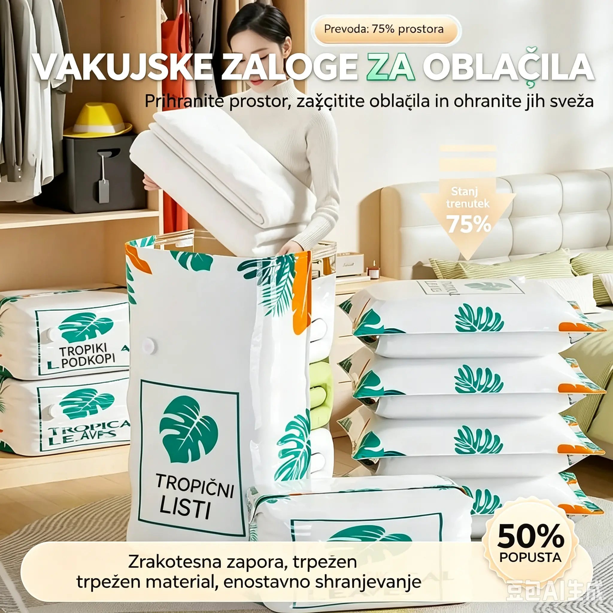 🧳【5-delni komplet】💨 Velika, stisljiva vakuumska vrečka za shranjevanje: črpalka ni potrebna, neprepustna in idealna za prihranek prostora v kovčkih in doma ✈️