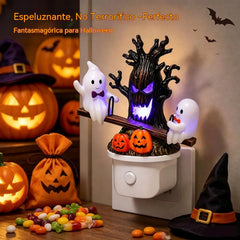 Luz nocturna animada de Halloween con forma de fantasma en un balancín.