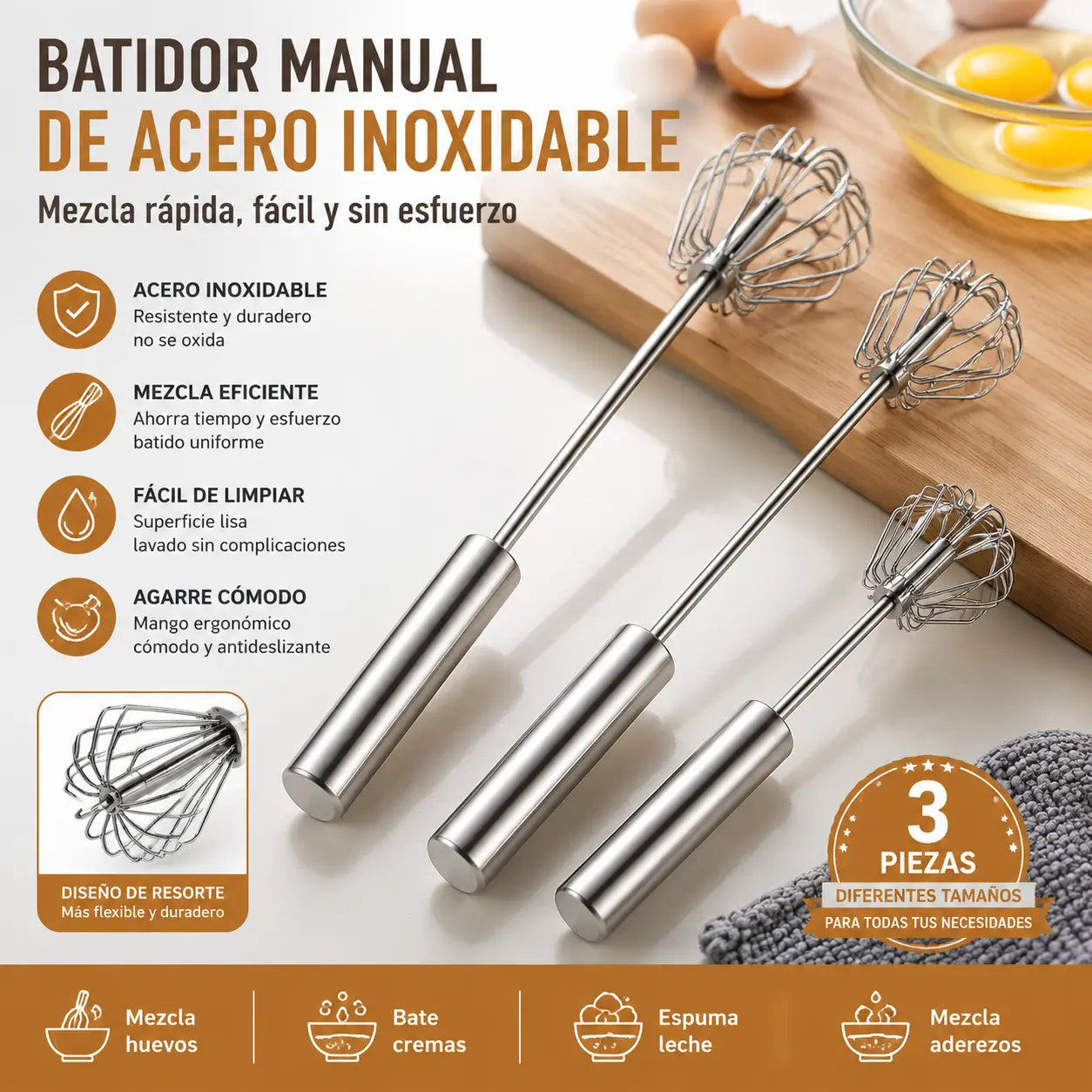 24€【 Conjunto de 3 piezas】Batidor de huevos semiautomático de acero inoxidable