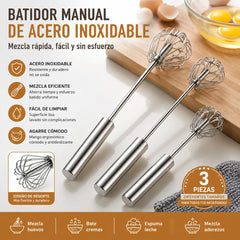 24€【 Conjunto de 3 piezas】Batidor de huevos semiautomático de acero inoxidable
