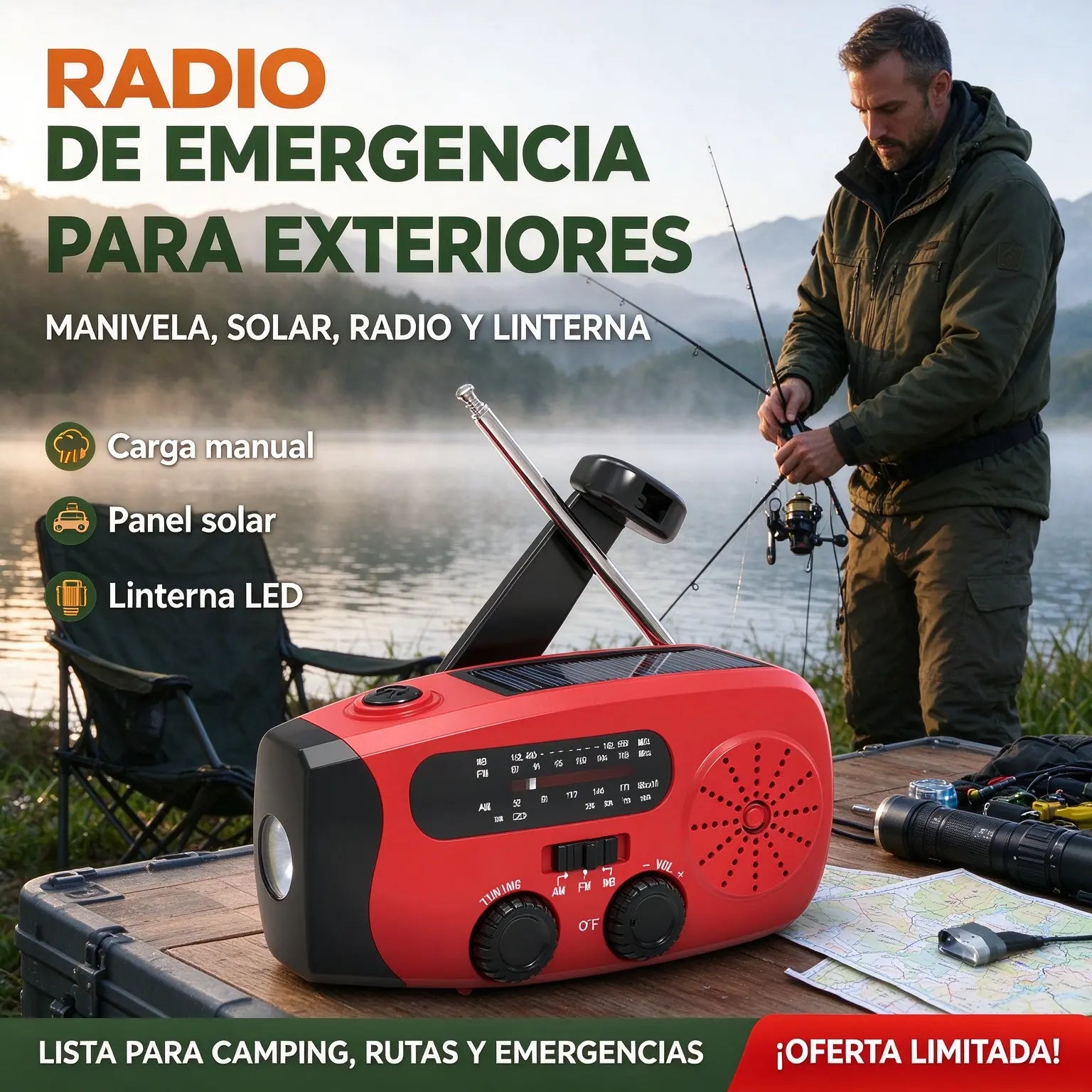 ⏳⏳ ¡50 % DE DESCUENTO POR TIEMPO LIMITADO! 📻 Radio de emergencia solar portátil multifuncional: incluye batería externa (power bank), manivela y alertas meteorológicas; ideal para actividades al aire libre y situaciones de emergencia.