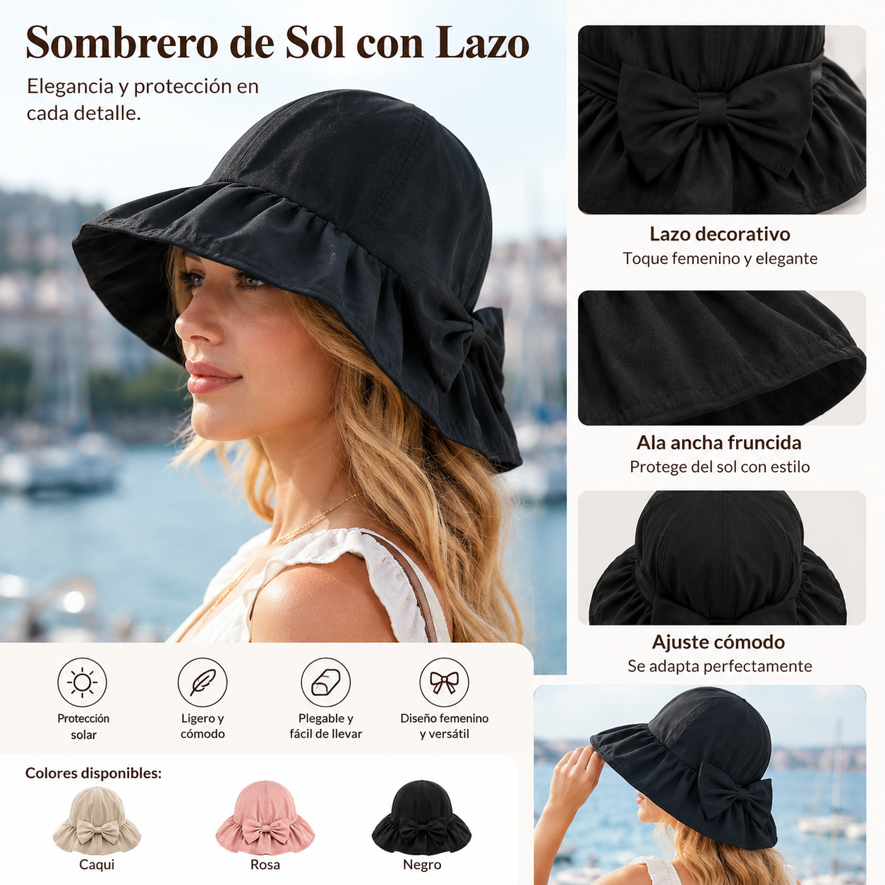 🎀☀️Sombrero de sol de ala ancha con lazo