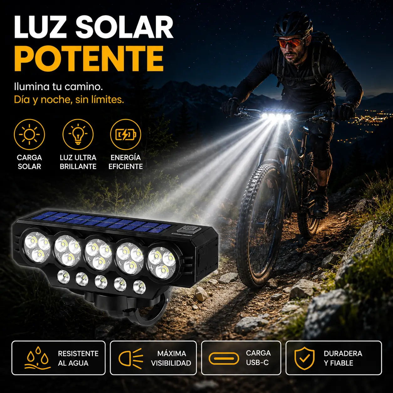 🚲💡Faro solar para bicicleta con carga USB y altavoz, 900 lúmenes, luz nocturna de larga duración para ciclismo