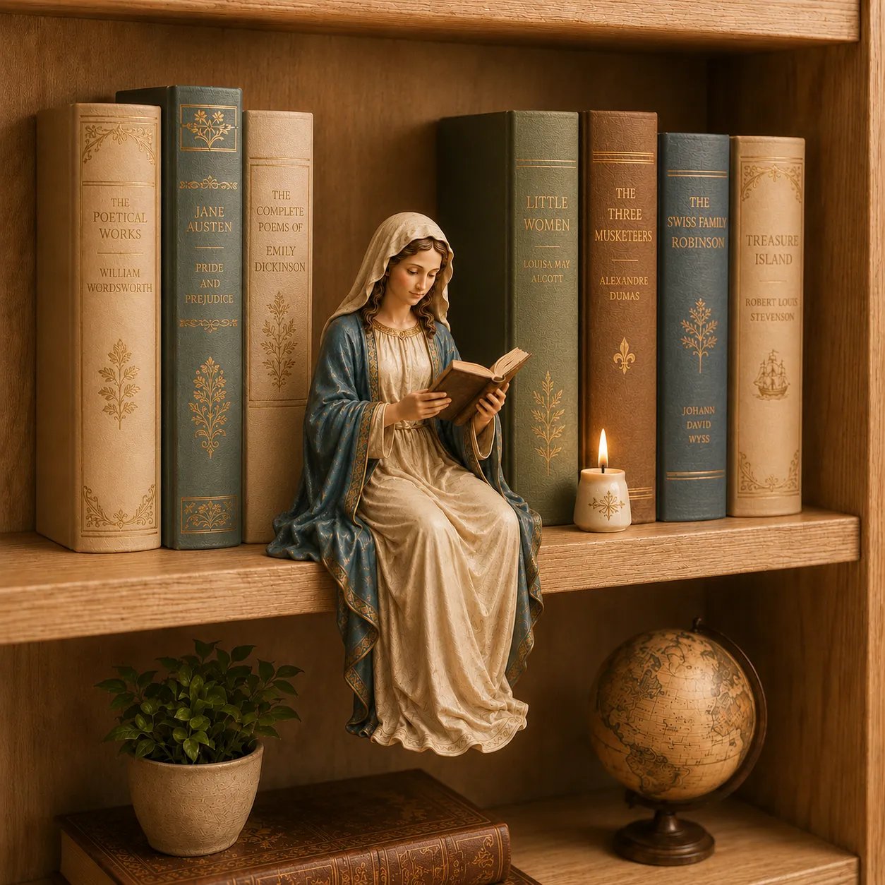 🙏Un adorno artesanal de la Virgen María leyendo, que traerá una bendición de paz a tu estantería.