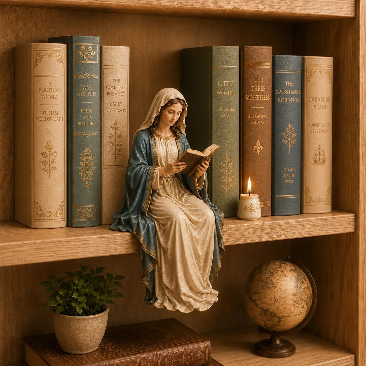 🙏Un adorno artesanal de la Virgen María leyendo, que traerá una bendición de paz a tu estantería.