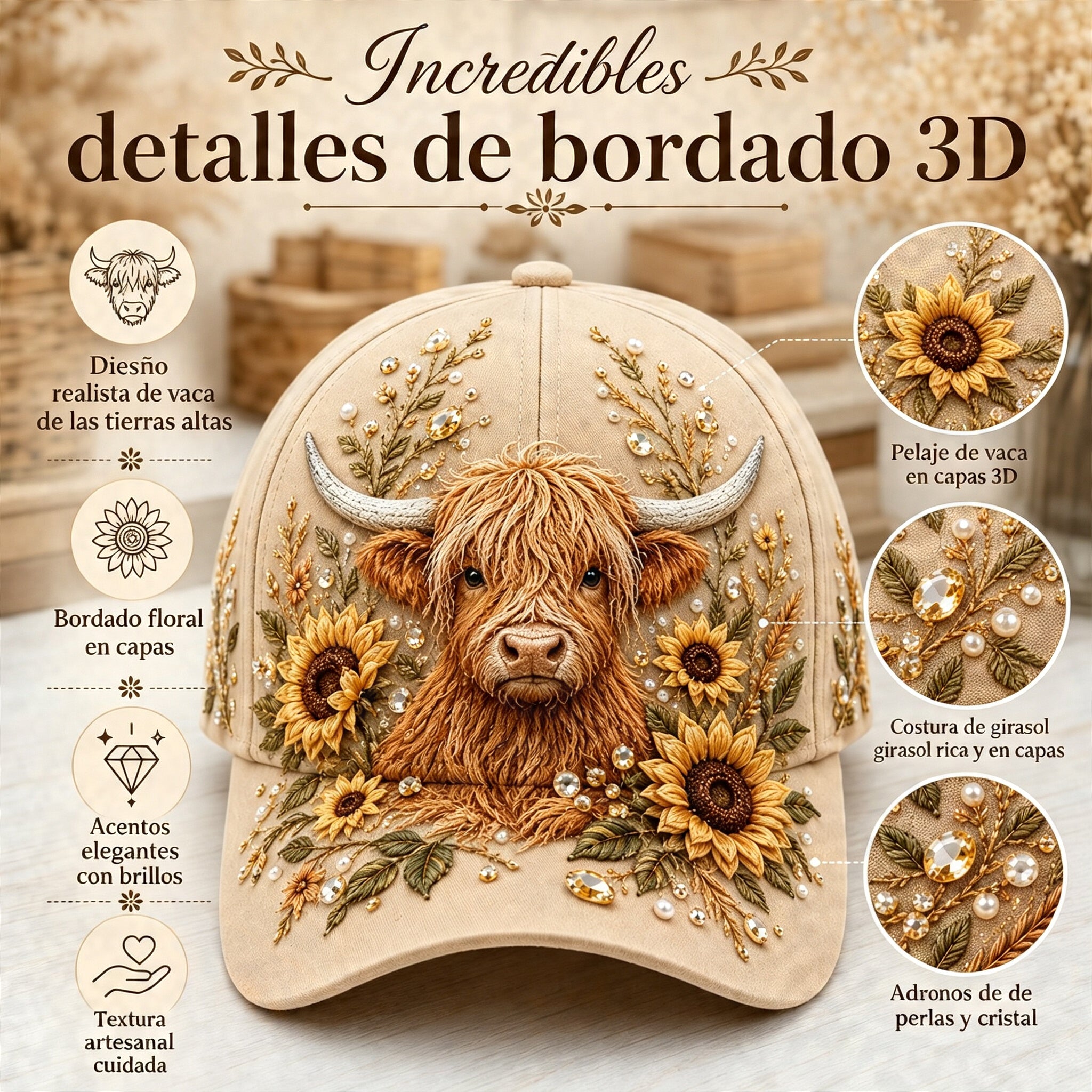 ✨Gorro con bordado 3D de vaca de las Tierras Altas🧢(Transpirable, ligero, cómodo y de corte unisex)