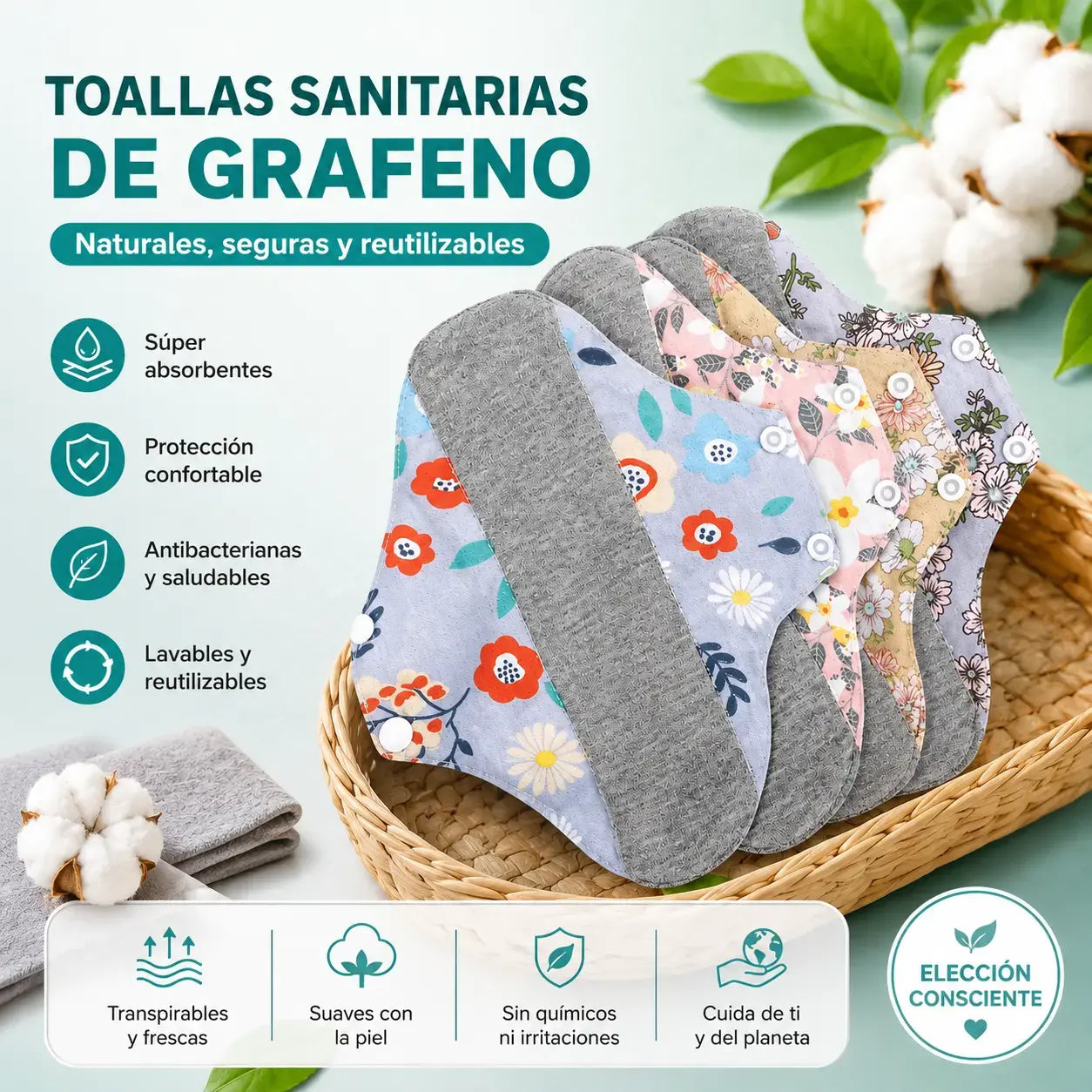 🔥【5/10 piezas】Almohadilla antibacteriana de algodón y grafeno lavable