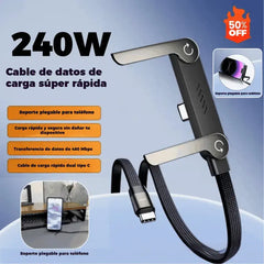 🔥【2 piezas 26 euros】⚡Cable de carga rápida 2 en 1 de 240 W y 1,5 m con soporte ajustable para teléfono🔋