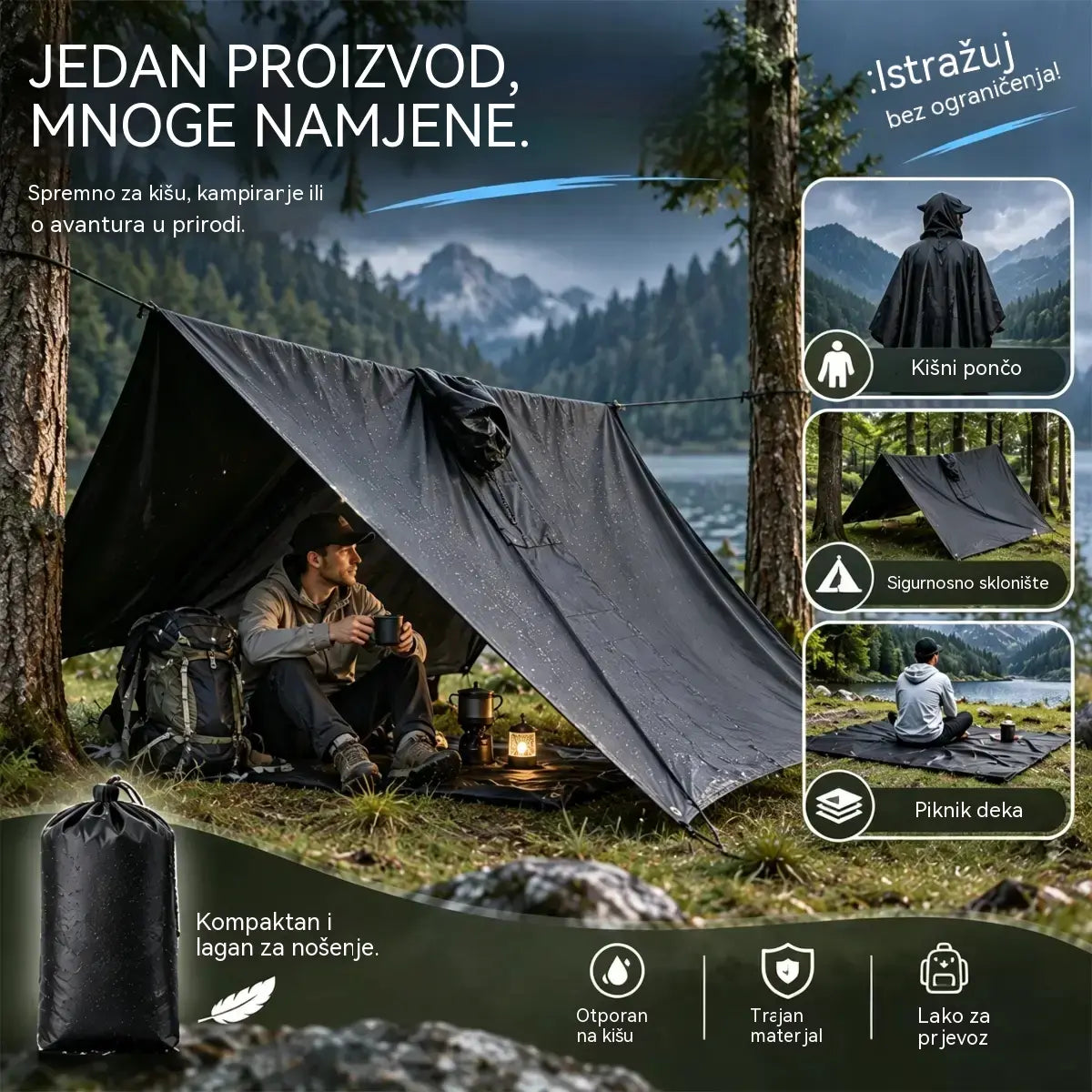 🏕️ 3-u-1 višenamjenska kabanica | Vodootporna kabanica + šator + podloga | Za planinarenje i kampiranje 🌧️