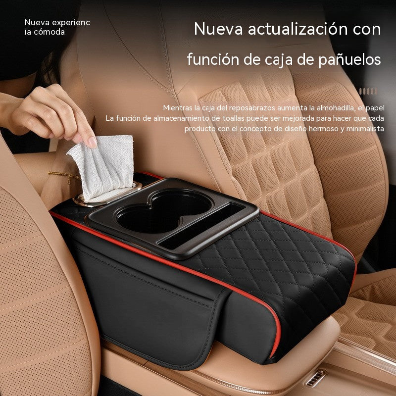 🔥🚗Almohadilla universal 4 en 1 para reposabrazos de coche de cuero ✅ Caja de pañuelos incorporada ✅ Portavasos